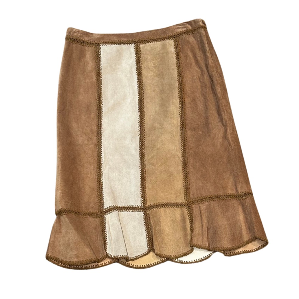 Vintage Express Patchwork Suede Leather Midi Skirt | Brown/Cream | Size 7/8